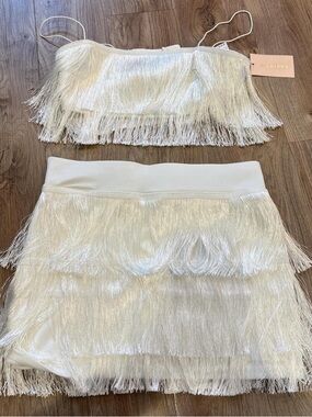 SHEIN White Fringe Crop Top and Mini Skirt Set